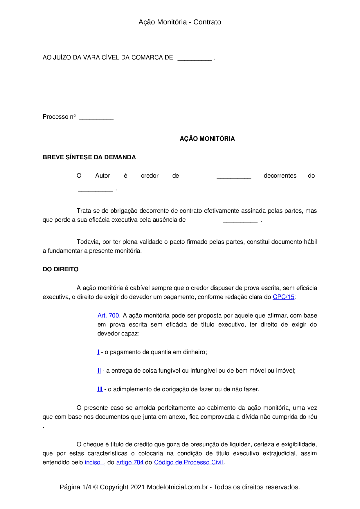 Modelo Ação Monitória Atualizada 2024 Contrato