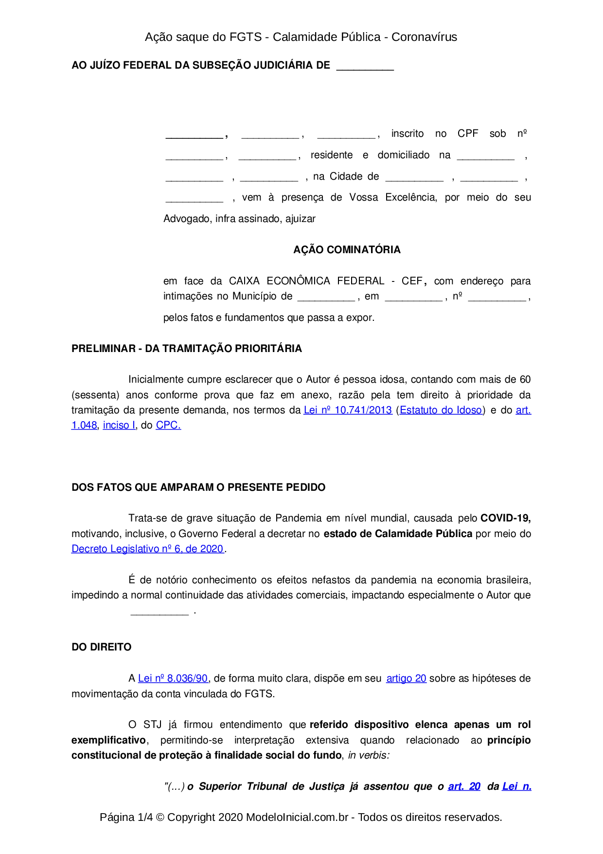 Modelo Ação saque do FGTS Calamidade Pública Coronavírus