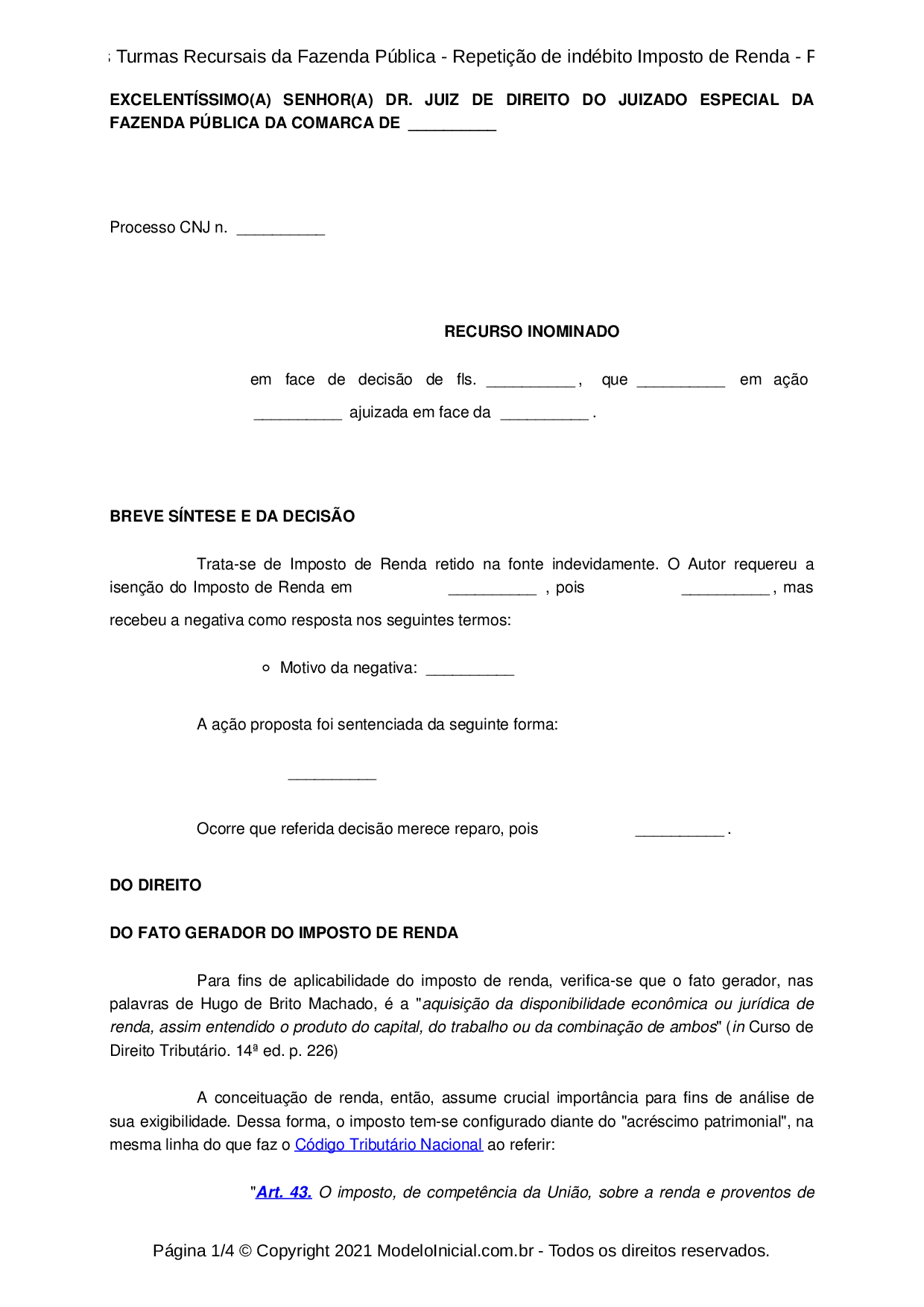 Modelo Recurso Inominado às Turmas Recursais da Fazenda Pública