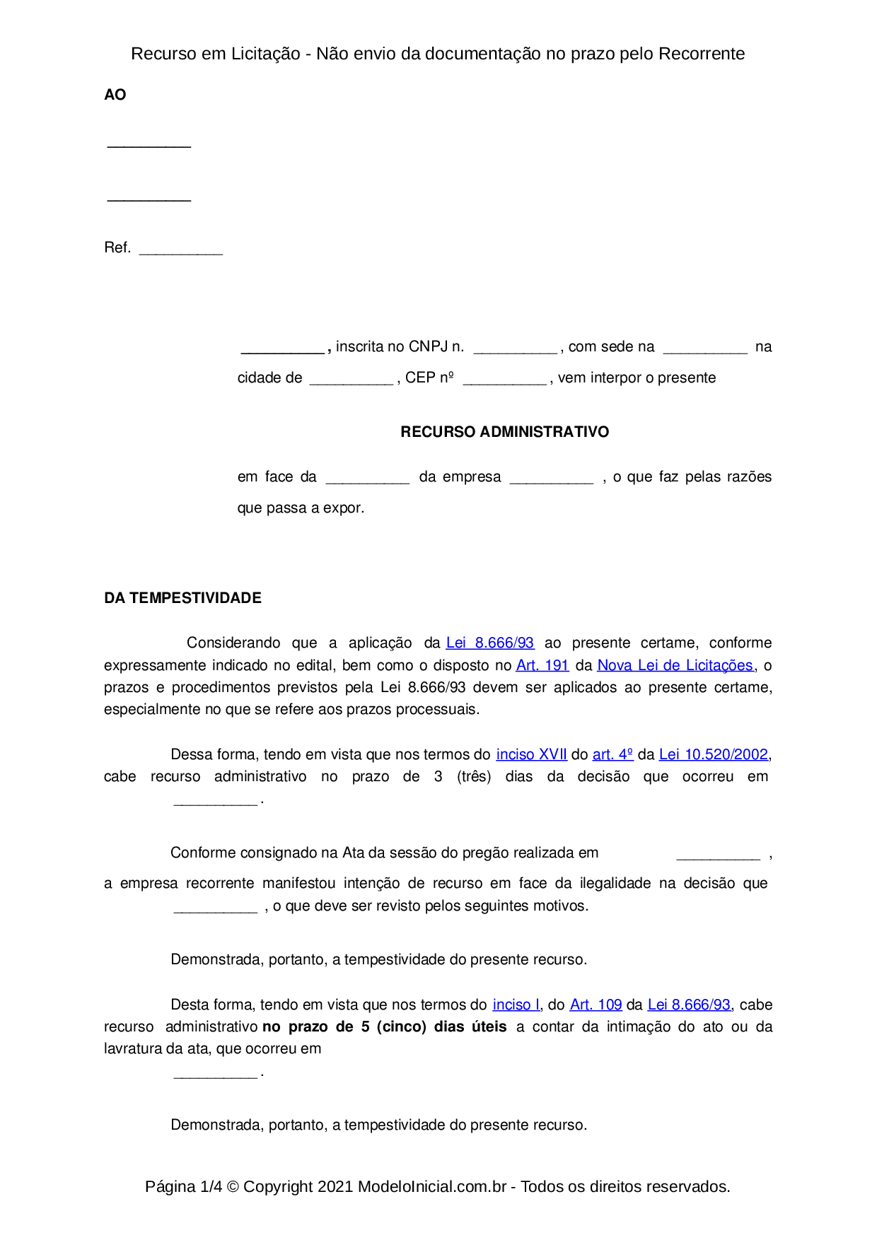 Modelo Recurso em Licitação Não envio da documentação no prazo pelo