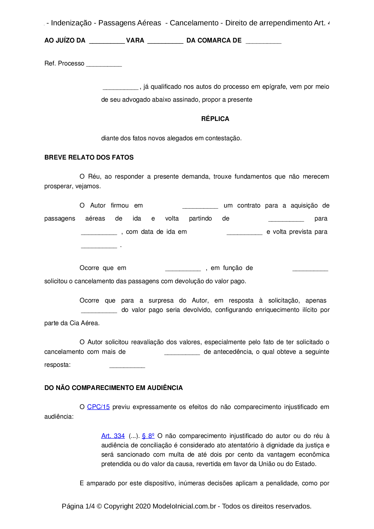 Modelo Réplica Indenização Passagens Aéreas Cancelamento
