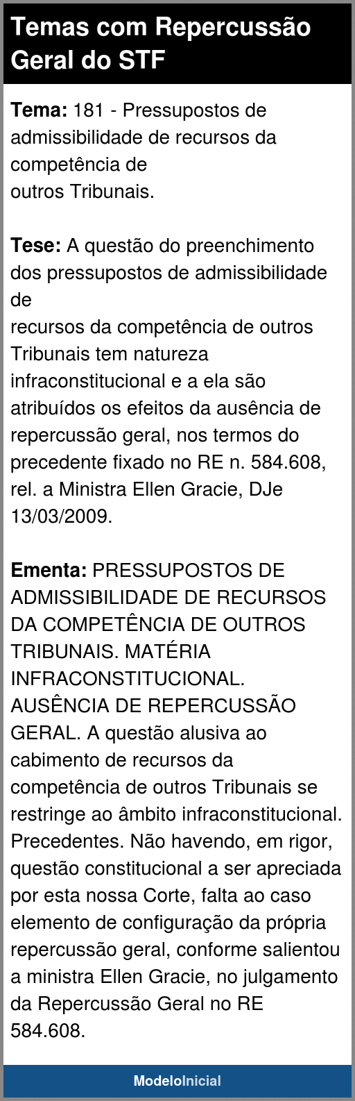 Tema 181 Temas Com Repercussão Geral Do Stf