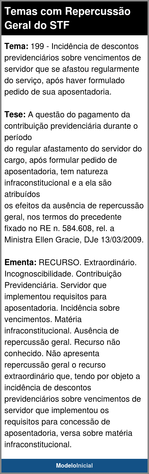 Tema 199 Temas Com Repercussão Geral Do Stf