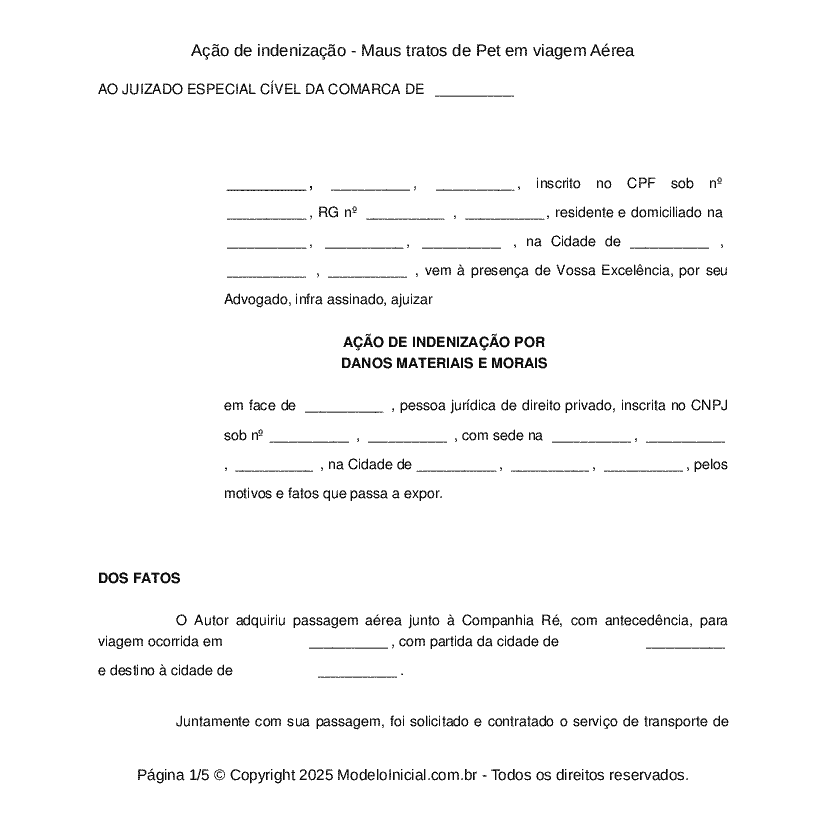 A&ccedil;&atilde;o de indeniza&ccedil;&atilde;o - Maus tratos de Pet em viagem A&eacute;rea