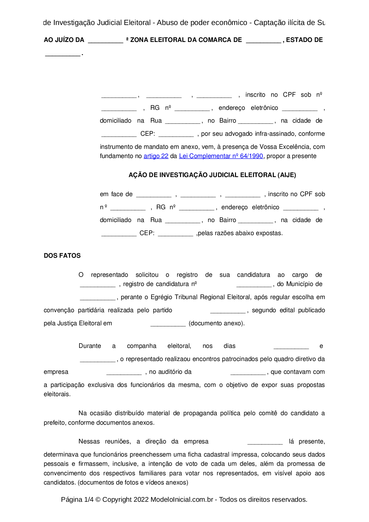 Modelo Ação de Investigação Judicial Eleitoral - Abuso de poder ...