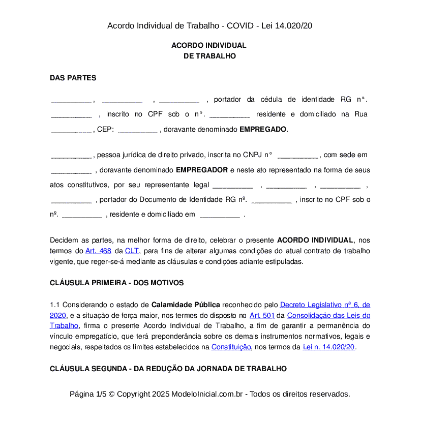Acordo Individual de Trabalho - COVID - Lei 14.020/20