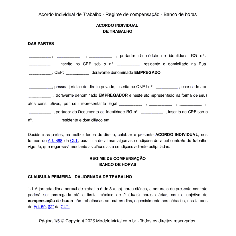Acordo Individual de Trabalho - Regime de compensa&ccedil;&atilde;o - Banco de horas