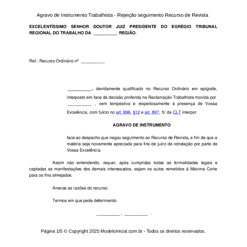 Agravo de Instrumento Trabalhista - Rejei&ccedil;&atilde;o seguimento Recurso de Revista&nbsp;