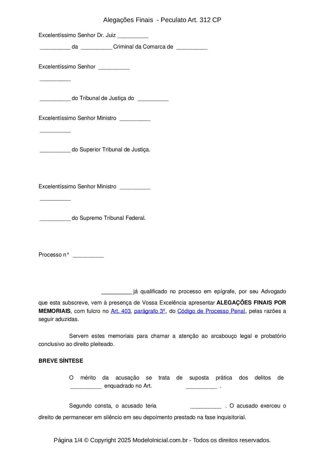 Modelo Alegações Finais - Defesa - Penal - Peculato Art. 312 CP