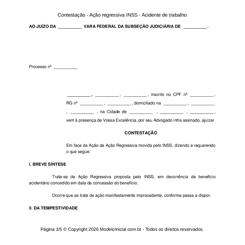 Contesta&ccedil;&atilde;o - A&ccedil;&atilde;o regressiva INSS - Acidente de trabalho