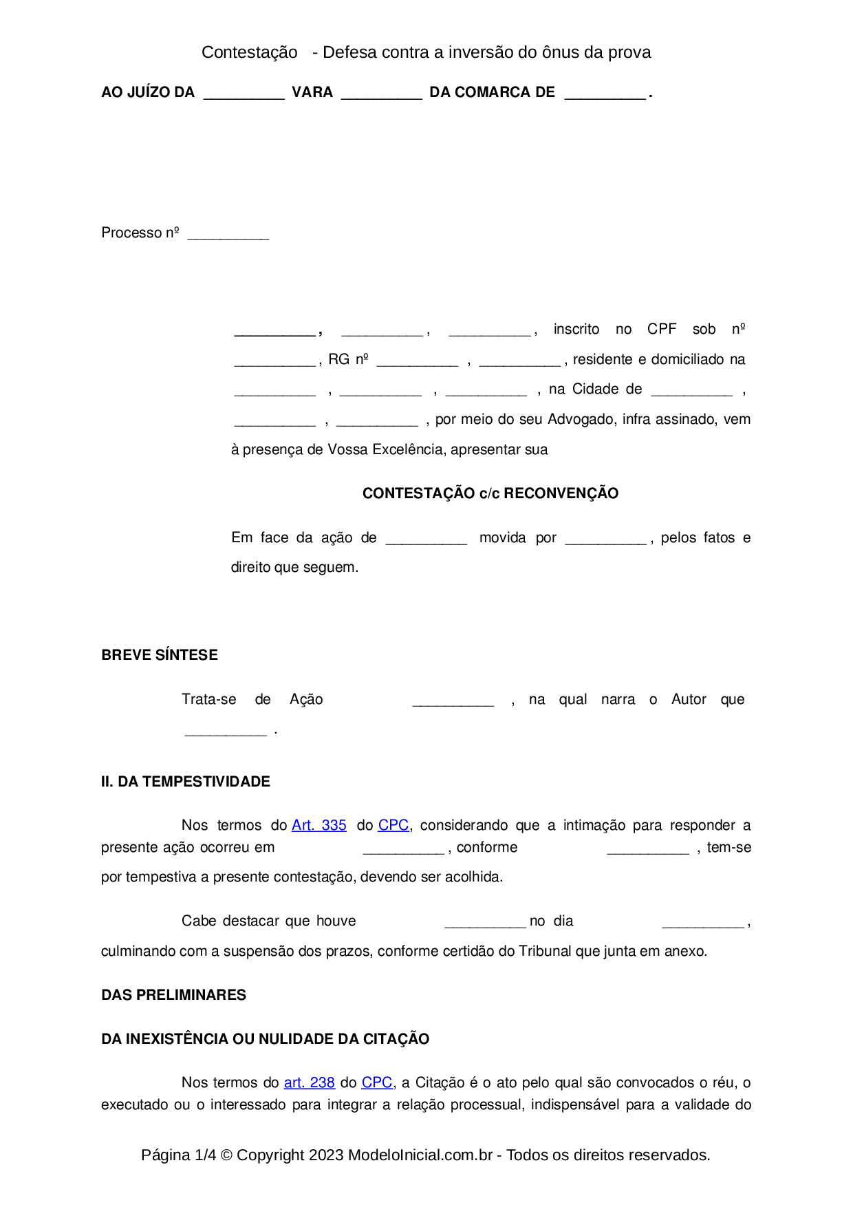 Modelo Contestação - Atualizada 2024 - Defesa contra a inversão do ônus da  prova