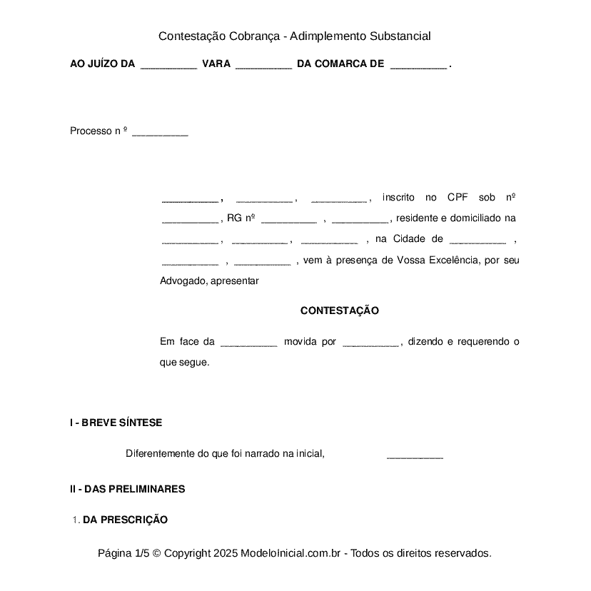 Contestação Cobrança - Adimplemento Substancial