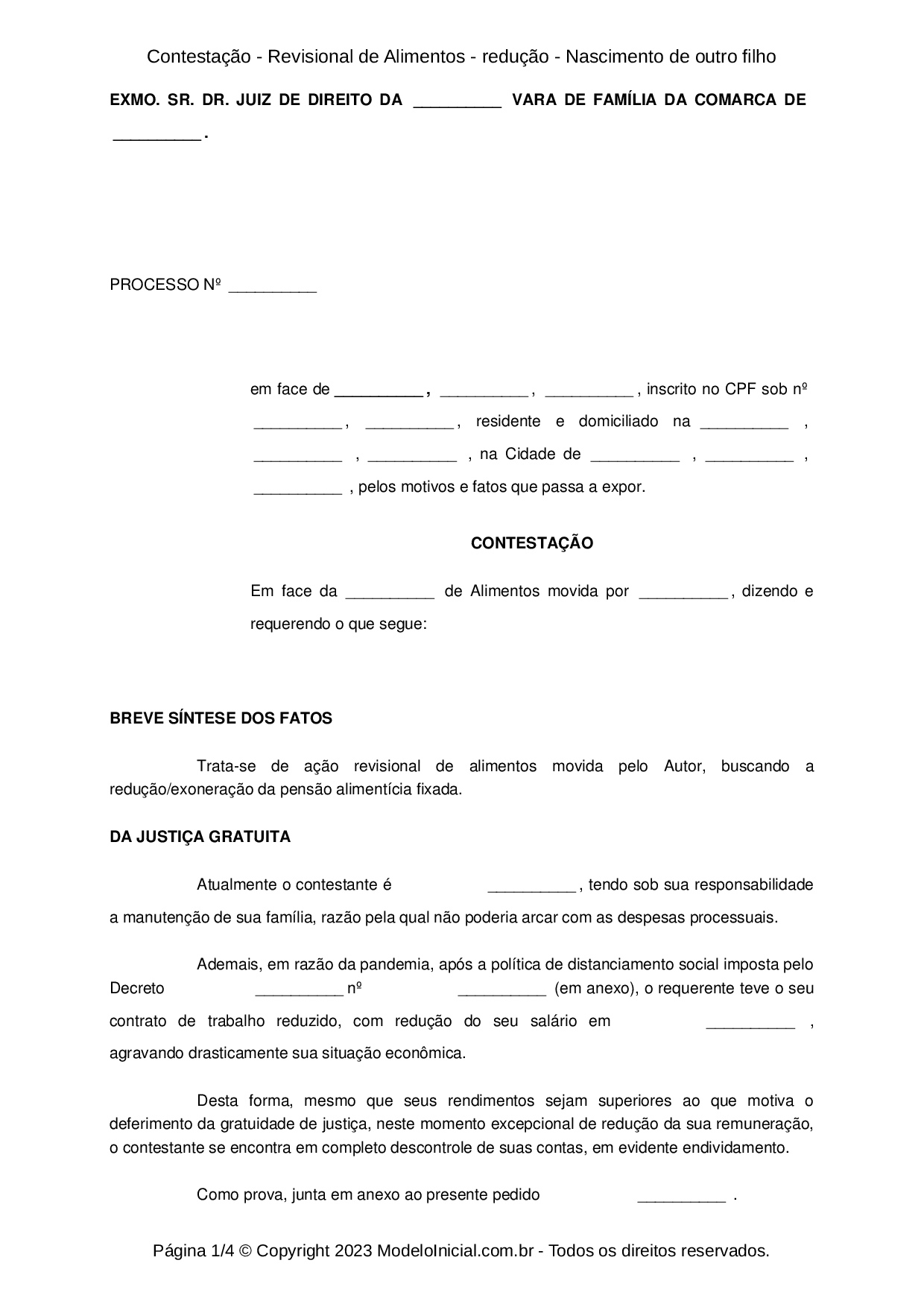 Modelo Contestação - Revisional de Alimentos - redução - Nascimento de ...