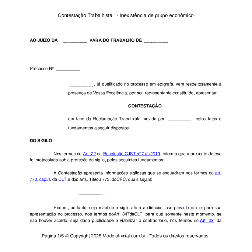 Contesta&ccedil;&atilde;o Trabalhista&nbsp;&nbsp; - Inexist&ecirc;ncia de grupo econ&ocirc;mico