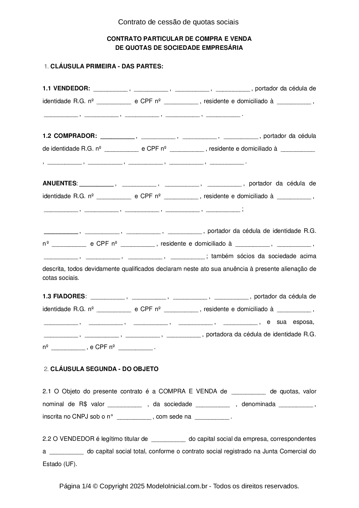 Modelo Contrato De Cessão De Quotas Sociais 1023