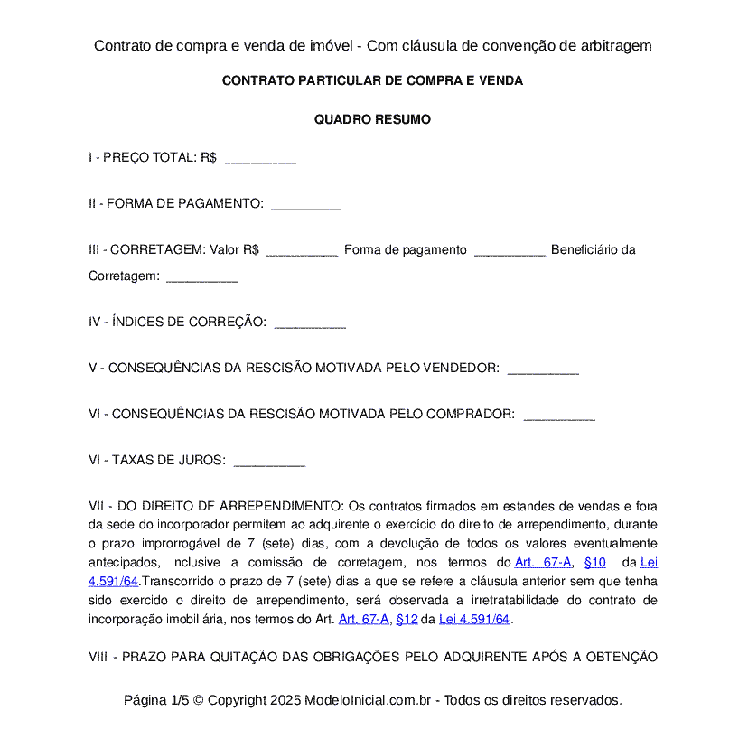 Contrato de compra e venda de imóvel - Com cláusula de convenção de arbitragem