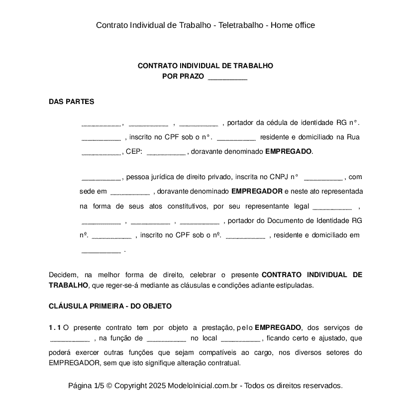 Contrato Individual de Trabalho - Teletrabalho - Home office