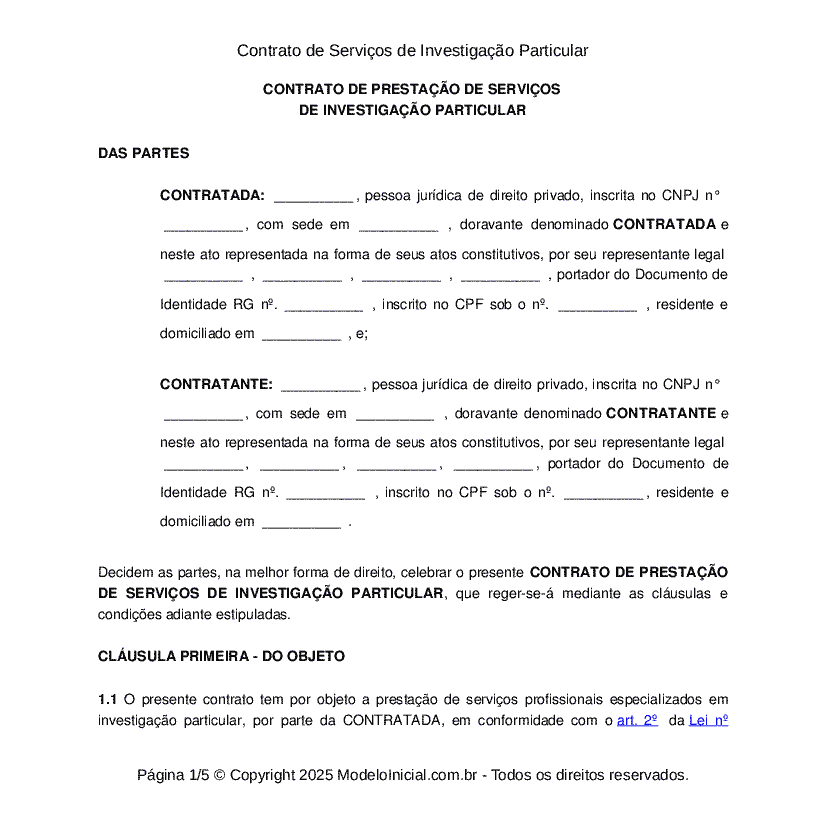 Contrato de Servi&ccedil;os de Investiga&ccedil;&atilde;o Particular