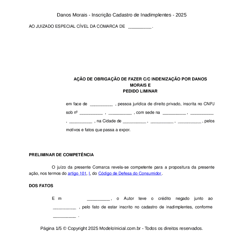 Danos Morais - Inscrição Cadastro de Inadimplentes - 2025