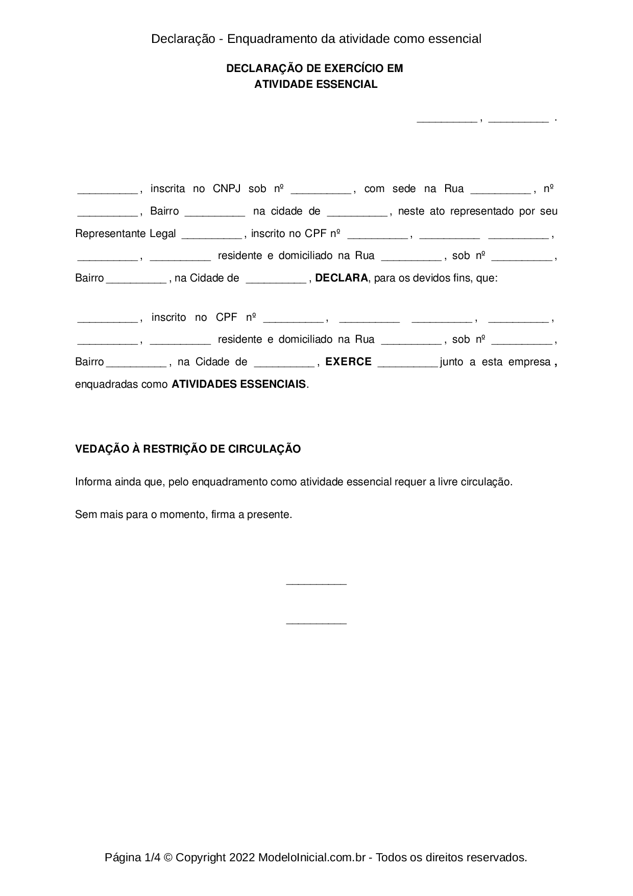 Modelo Declaração Enquadramento Da Atividade Como Essencial 0343