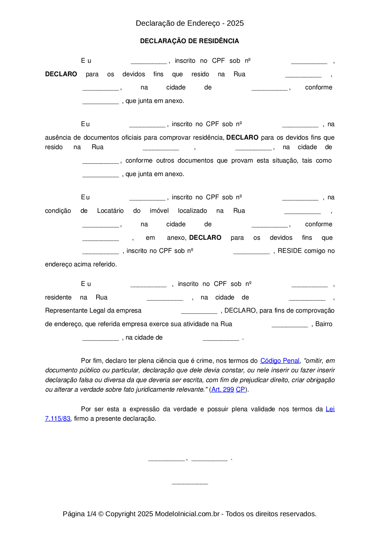 Modelo Declaração De Residência 4552