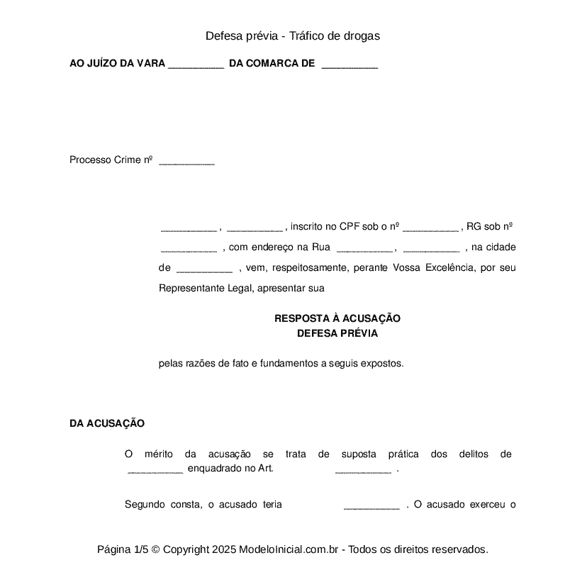 Defesa prévia - Tráfico de drogas