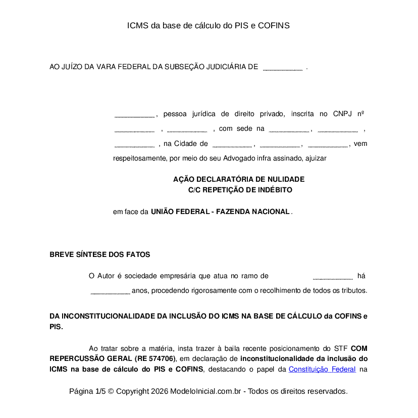 ICMS da base de c&aacute;lculo do PIS e COFINS