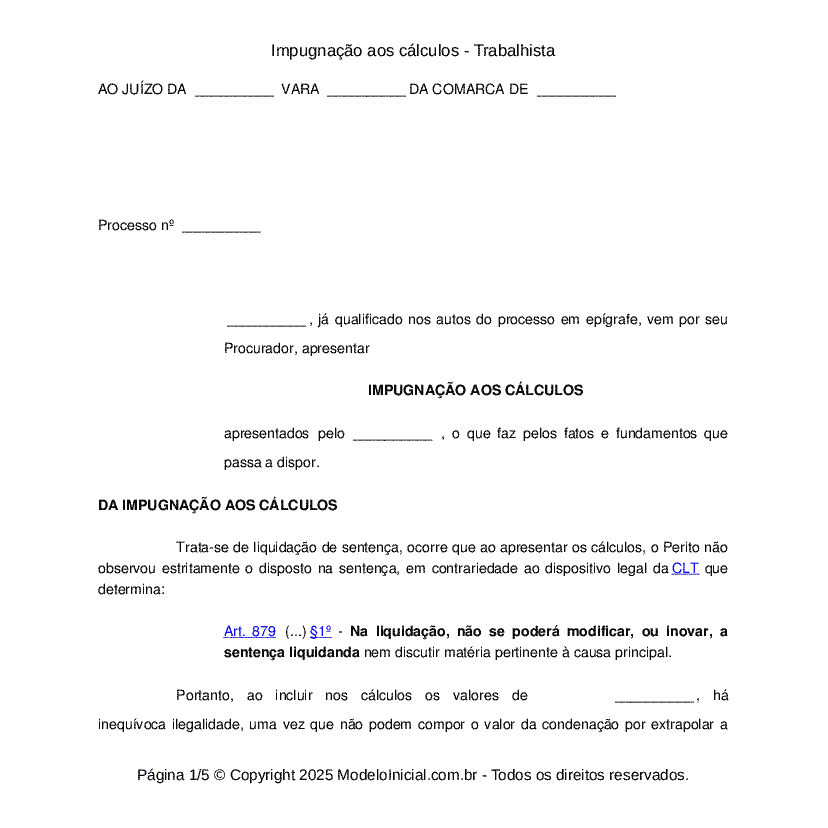 Impugna&ccedil;&atilde;o aos c&aacute;lculos - Trabalhista