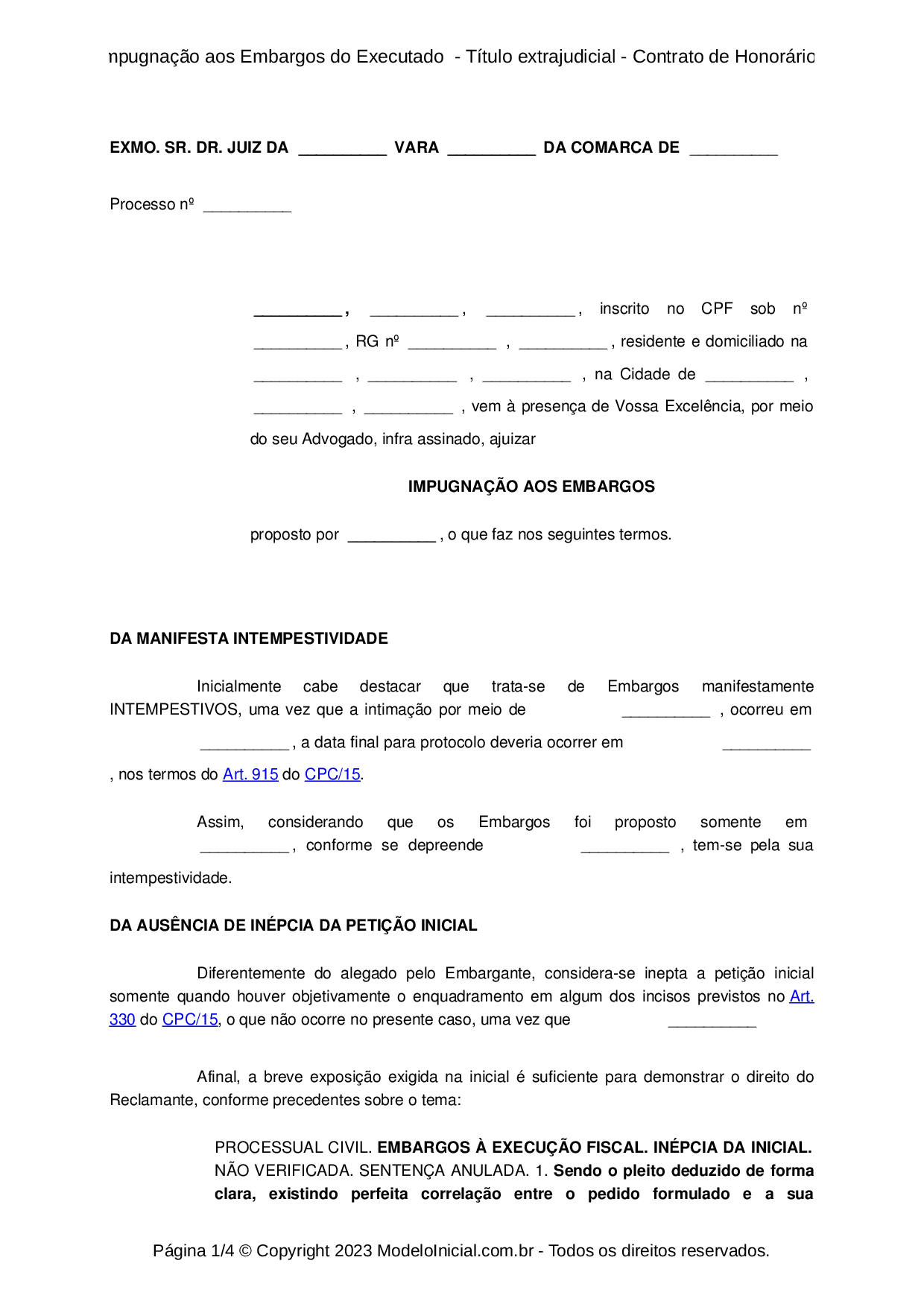 Modelo Impugnação Aos Embargos Do Executado Título Extrajudicial Contrato De Honorários 9656