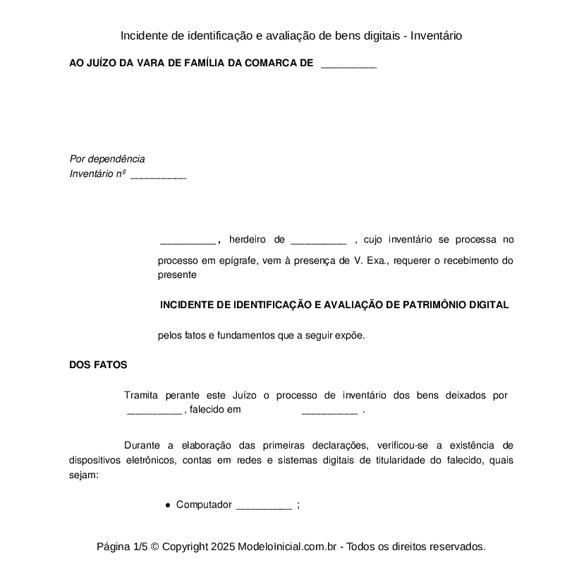 Incidente de identificação e avaliação de bens digitais - Inventário