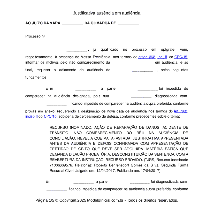 Justificativa ausência em audiência