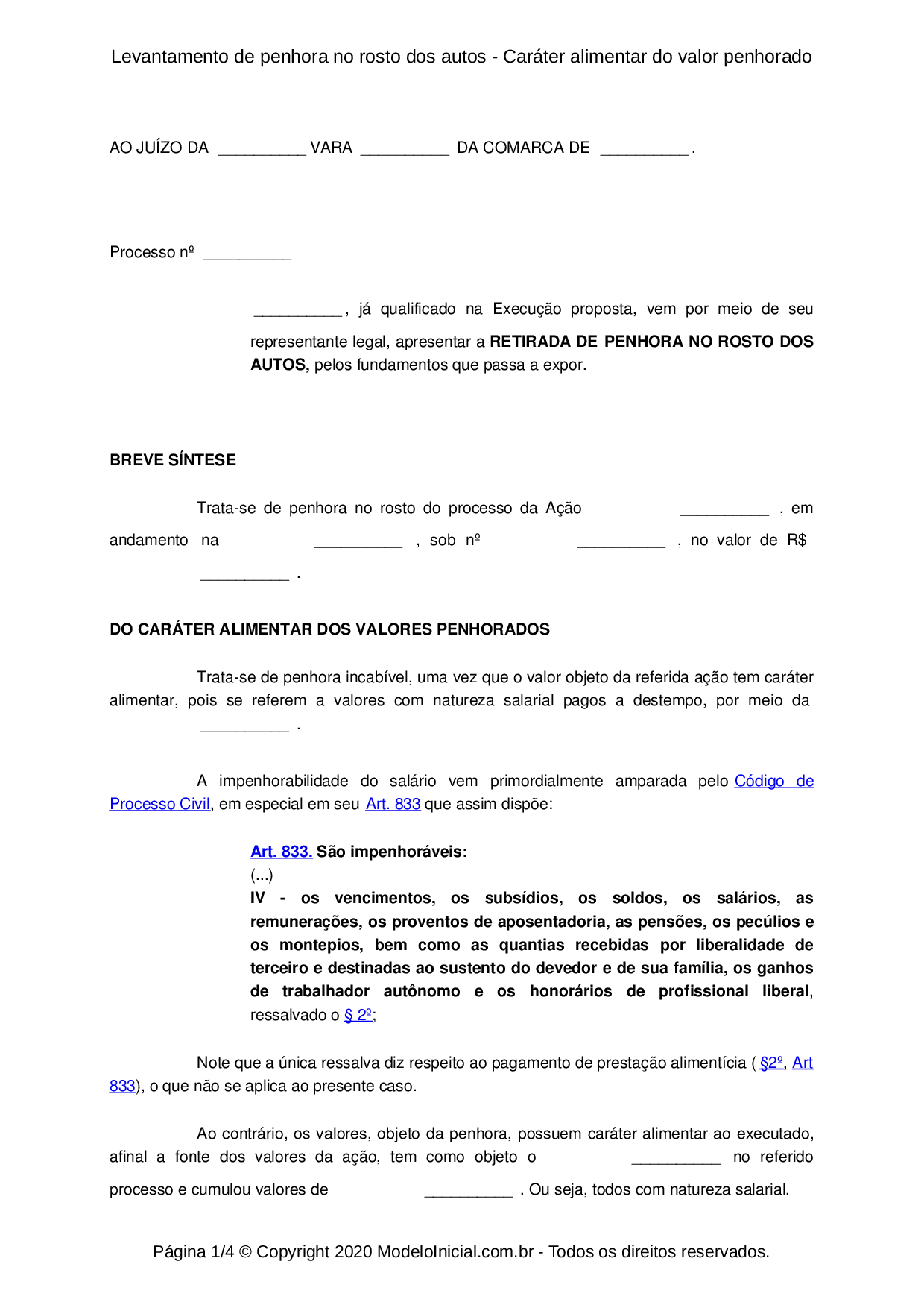 Modelo Levantamento de penhora no rosto dos autos Caráter alimentar do valor penhorado