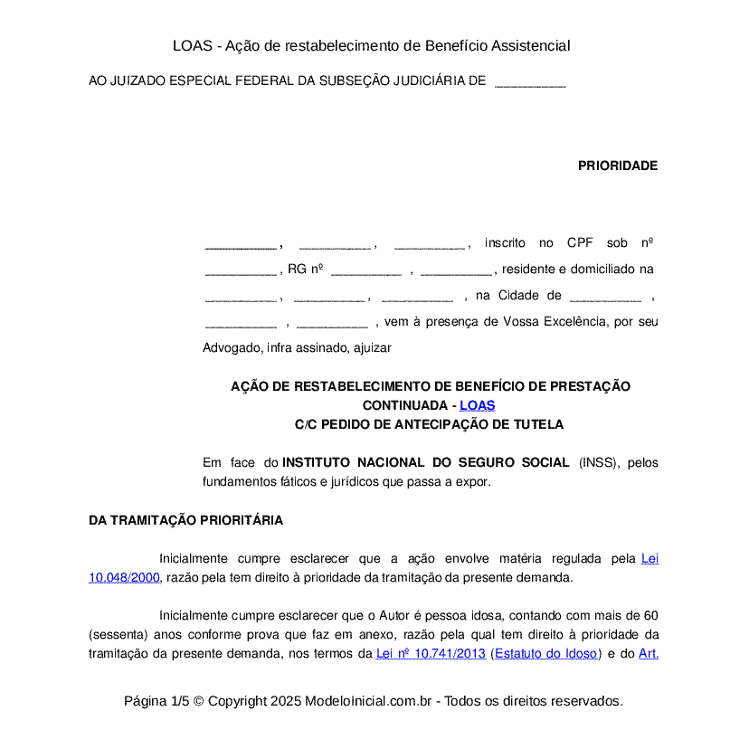 LOAS - A&ccedil;&atilde;o de restabelecimento de Benef&iacute;cio Assistencial&nbsp;