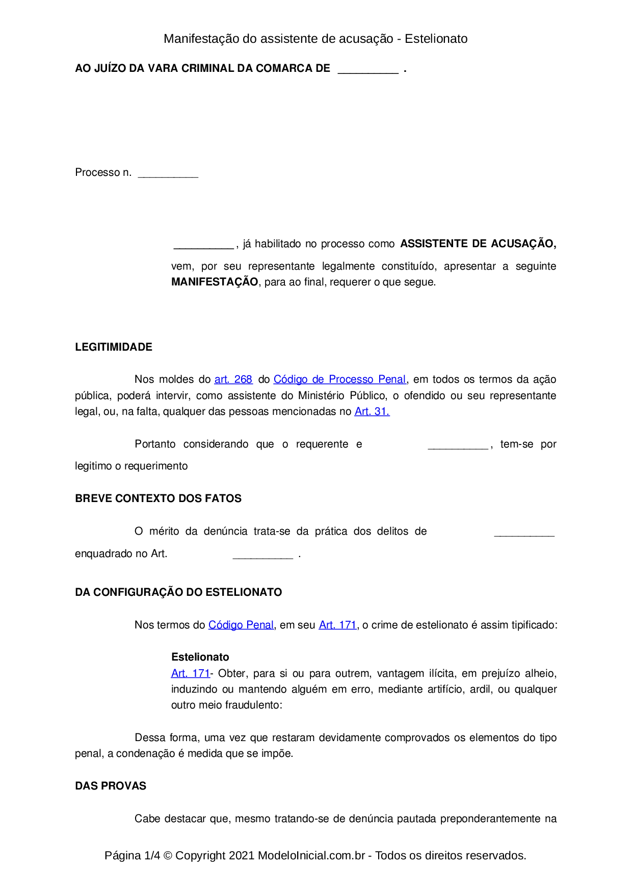 Modelo Manifestação do assistente de acusação - Estelionato