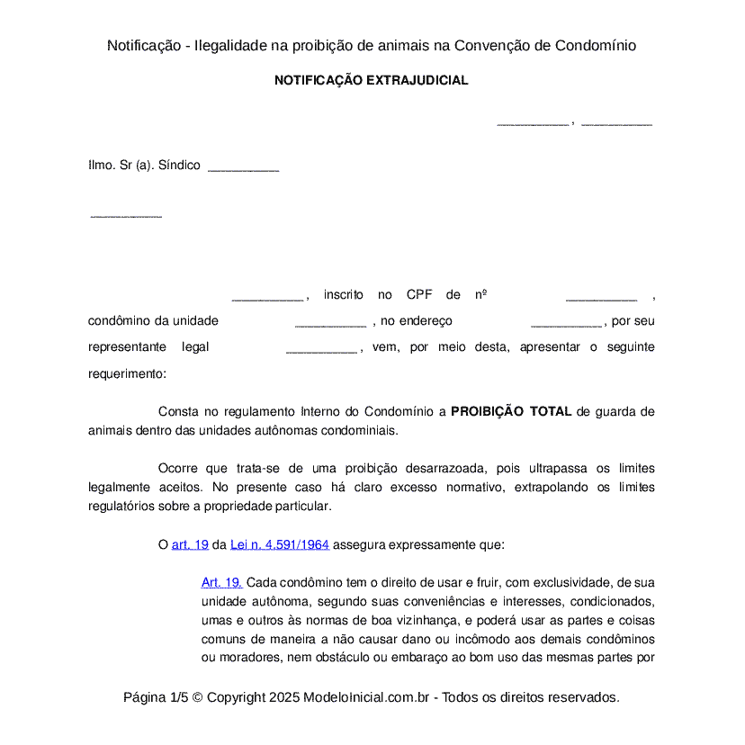 Notifica&ccedil;&atilde;o - Ilegalidade na proibi&ccedil;&atilde;o de animais na Conven&ccedil;&atilde;o de Condom&iacute;nio