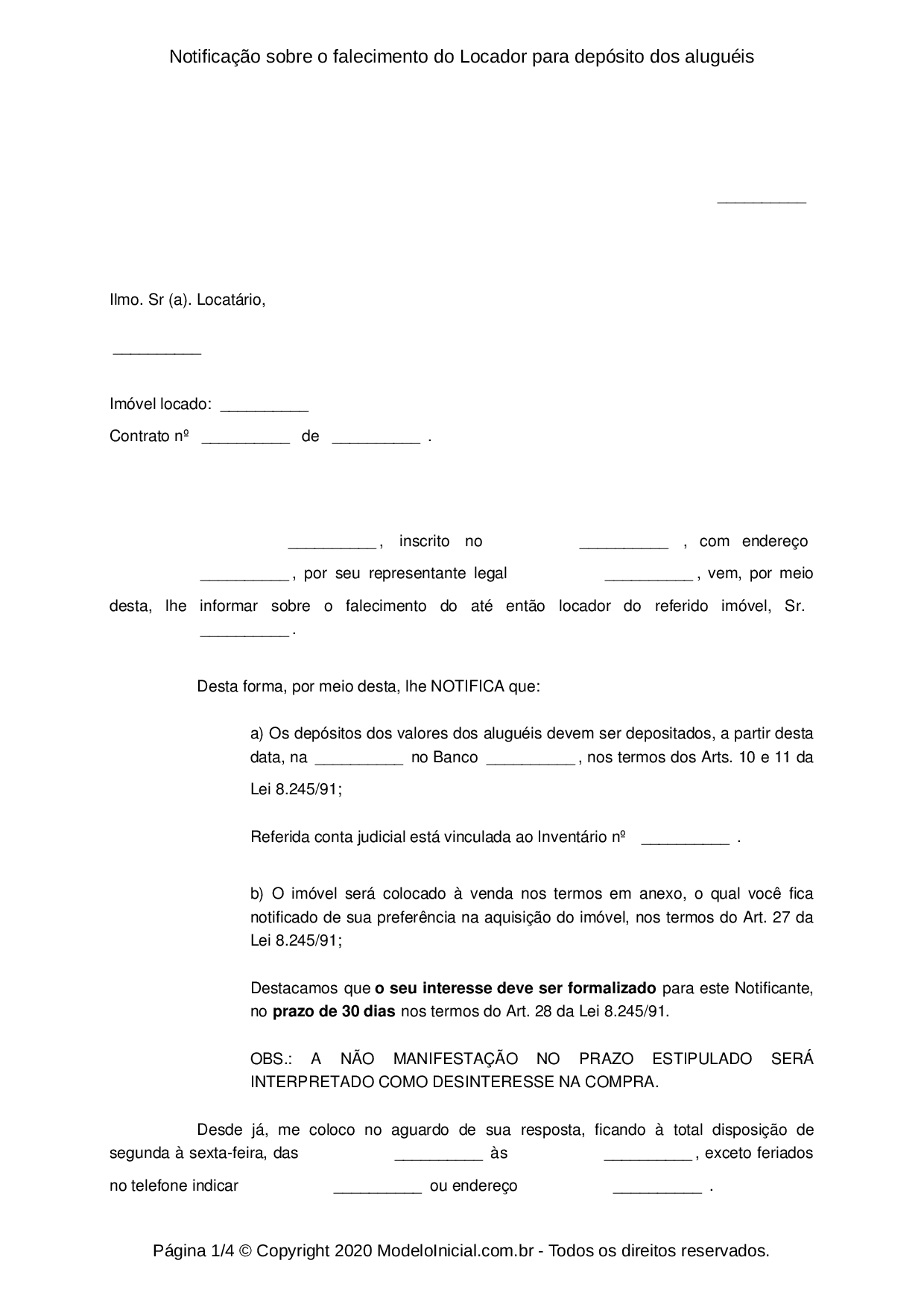 Modelo Notificação Sobre O Falecimento Do Locador Para Depósito Dos Aluguéis 1024