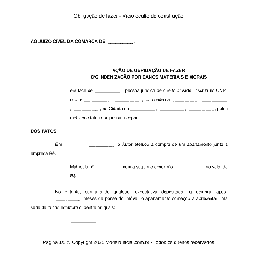 Obrigação de fazer - Vício oculto de construção 