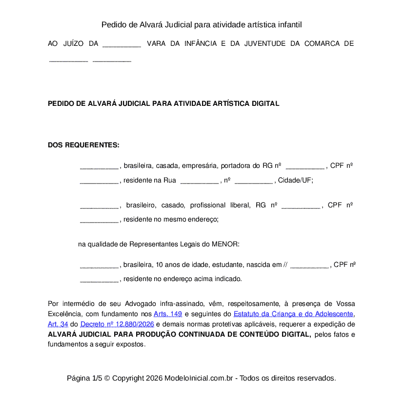 Pedido de Alvar&aacute; Judicial para atividade art&iacute;stica infantil