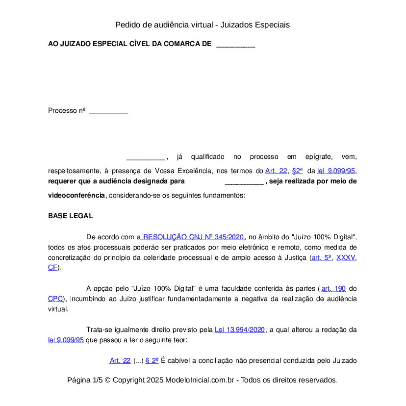 Pedido de audiência virtual - Juizados Especiais