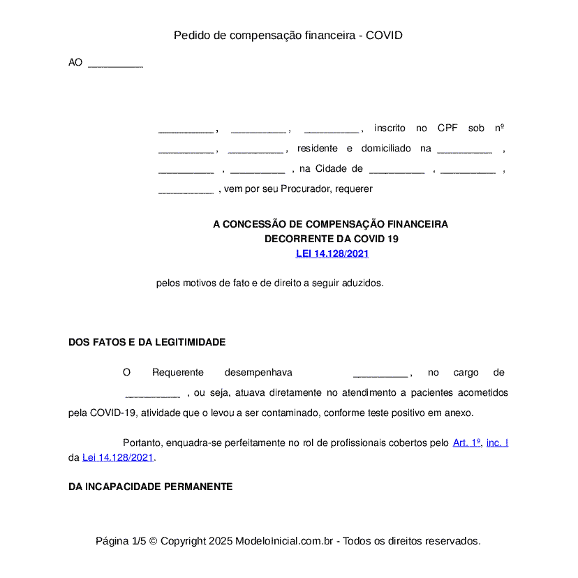 Pedido de compensação financeira - COVID