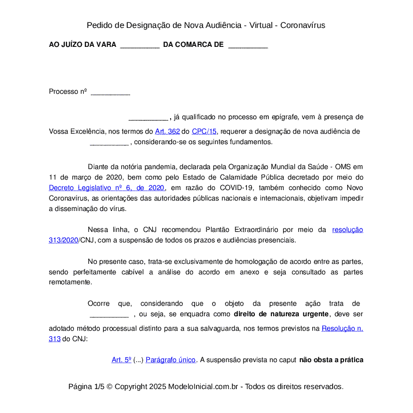 Pedido de Designação de Nova Audiência - Virtual - Coronavírus