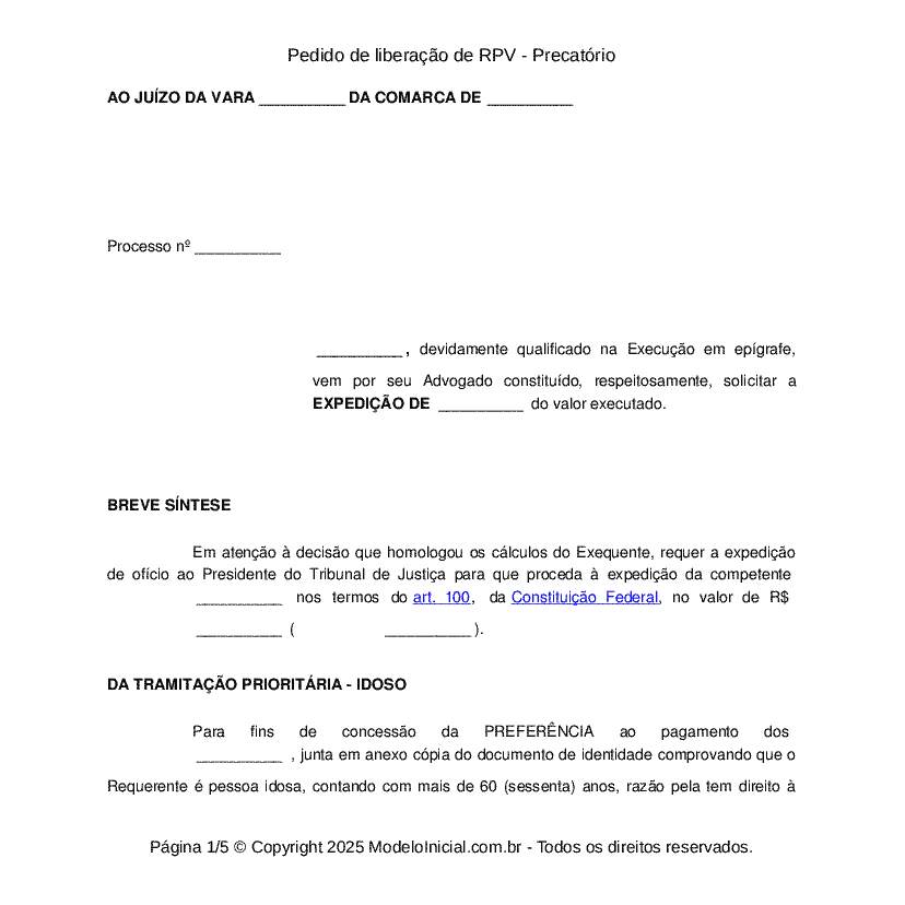 Pedido de liberação de RPV - Precatório