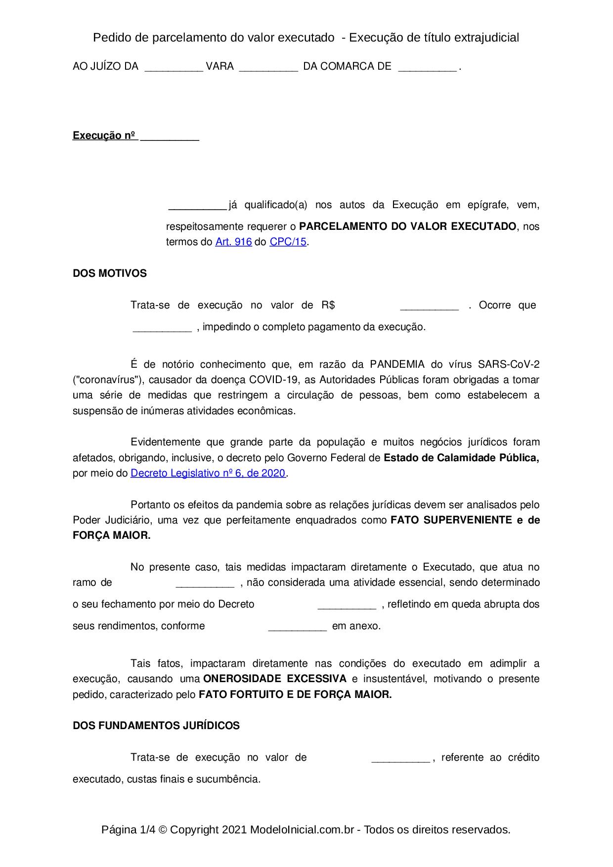 Modelo Pedido De Parcelamento Do Valor Executado Execução De Título Extrajudicial 0291