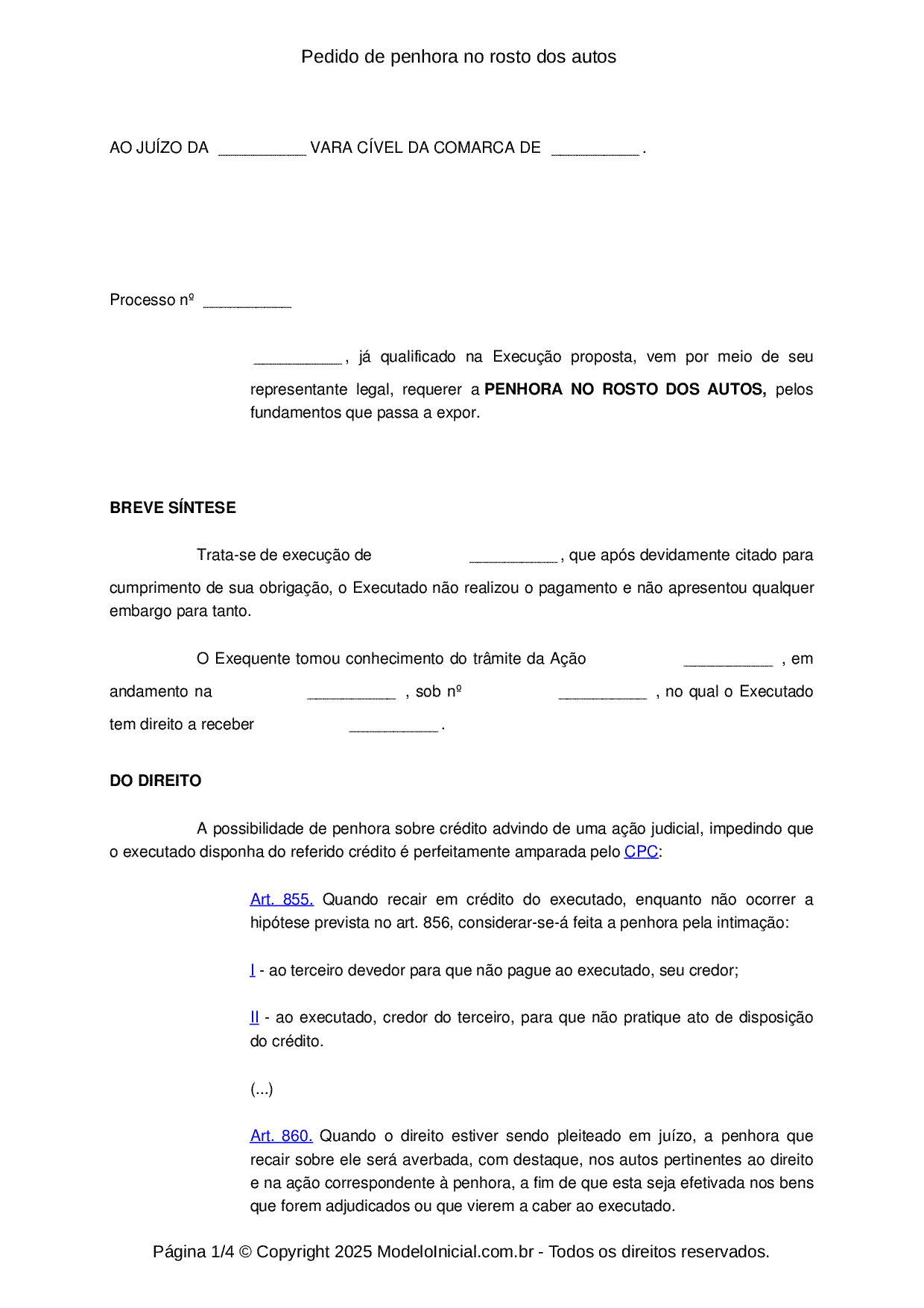 Modelo Pedido De Penhora No Rosto Dos Autos