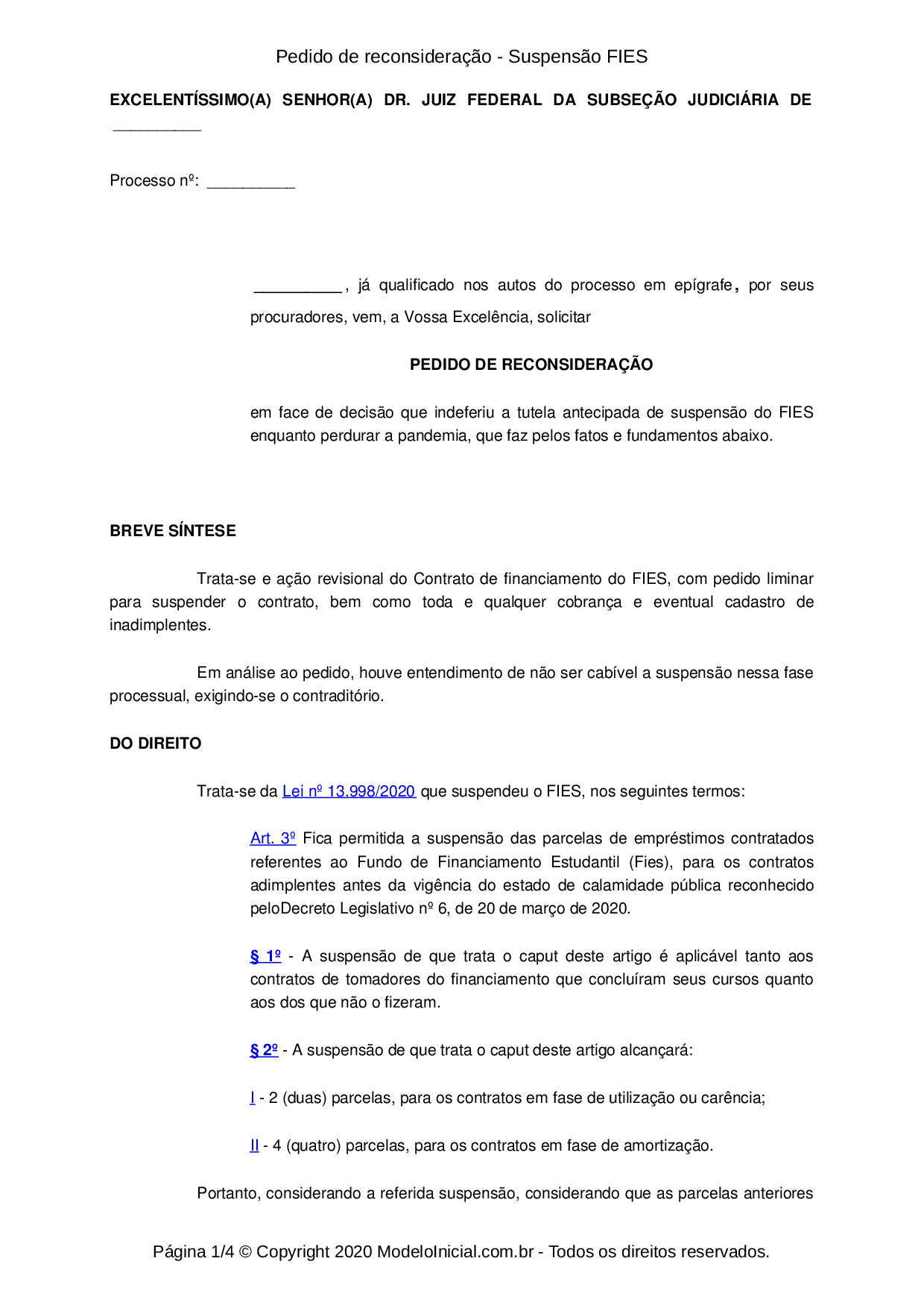 Modelo Pedido De Reconsideração Suspensão Fies Pandemia