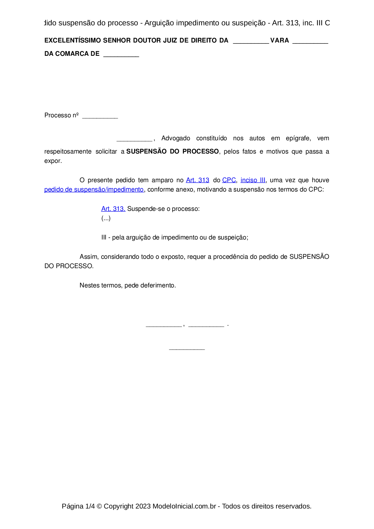 Modelo Pedido Suspensão Do Processo - Arguição Impedimento Ou Suspeição ...