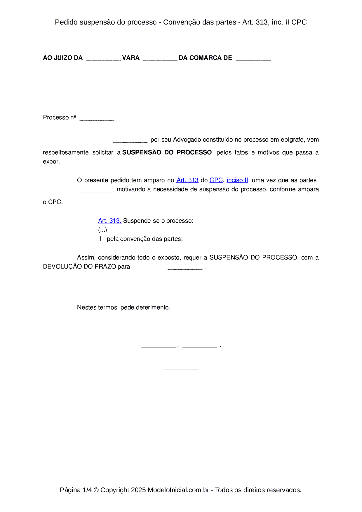 Modelo Pedido suspensão do processo Convenção das partes Art. 313