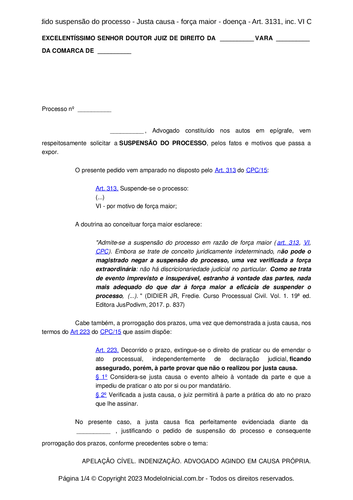 Modelo Pedido Suspensão Do Processo - Justa Causa - Força Maior ...