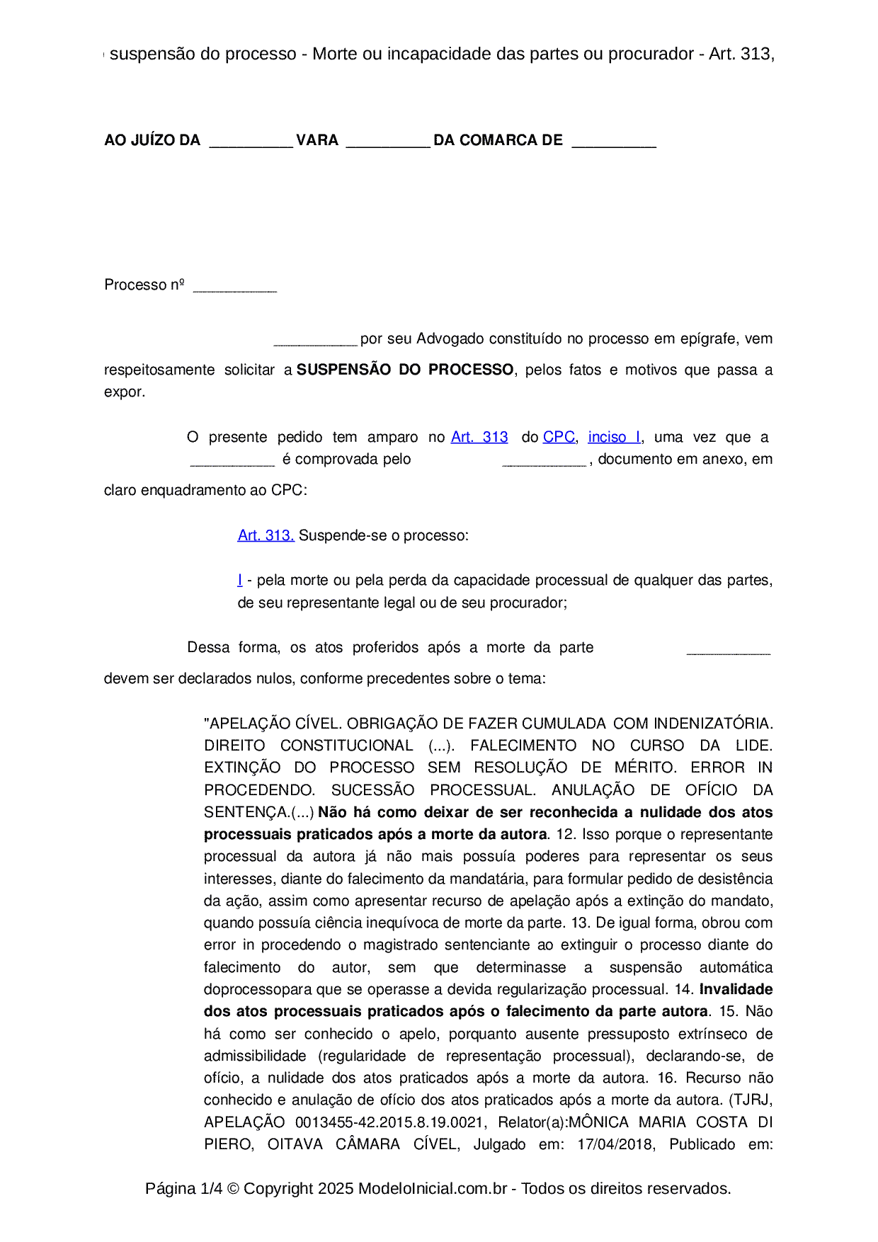 Modelo Pedido suspensão do processo Morte ou incapacidade das partes
