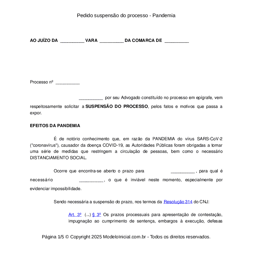 Pedido suspensão do processo - Pandemia